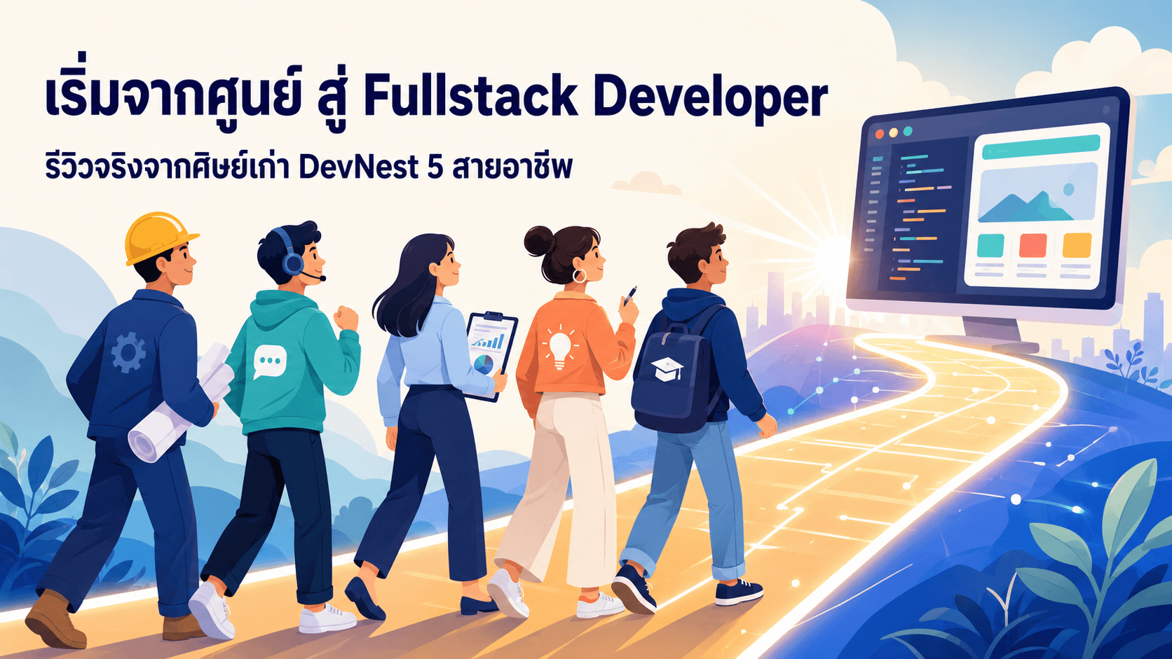 ภาพปกบทความ คนพื้นเพอาชีพหลากหลายกำลังเริ่มต้นเส้นทางสู่การเป็น developer สื่อถึงการเปลี่ยนสายงาน